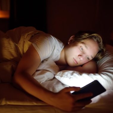 Boy using phone in bed